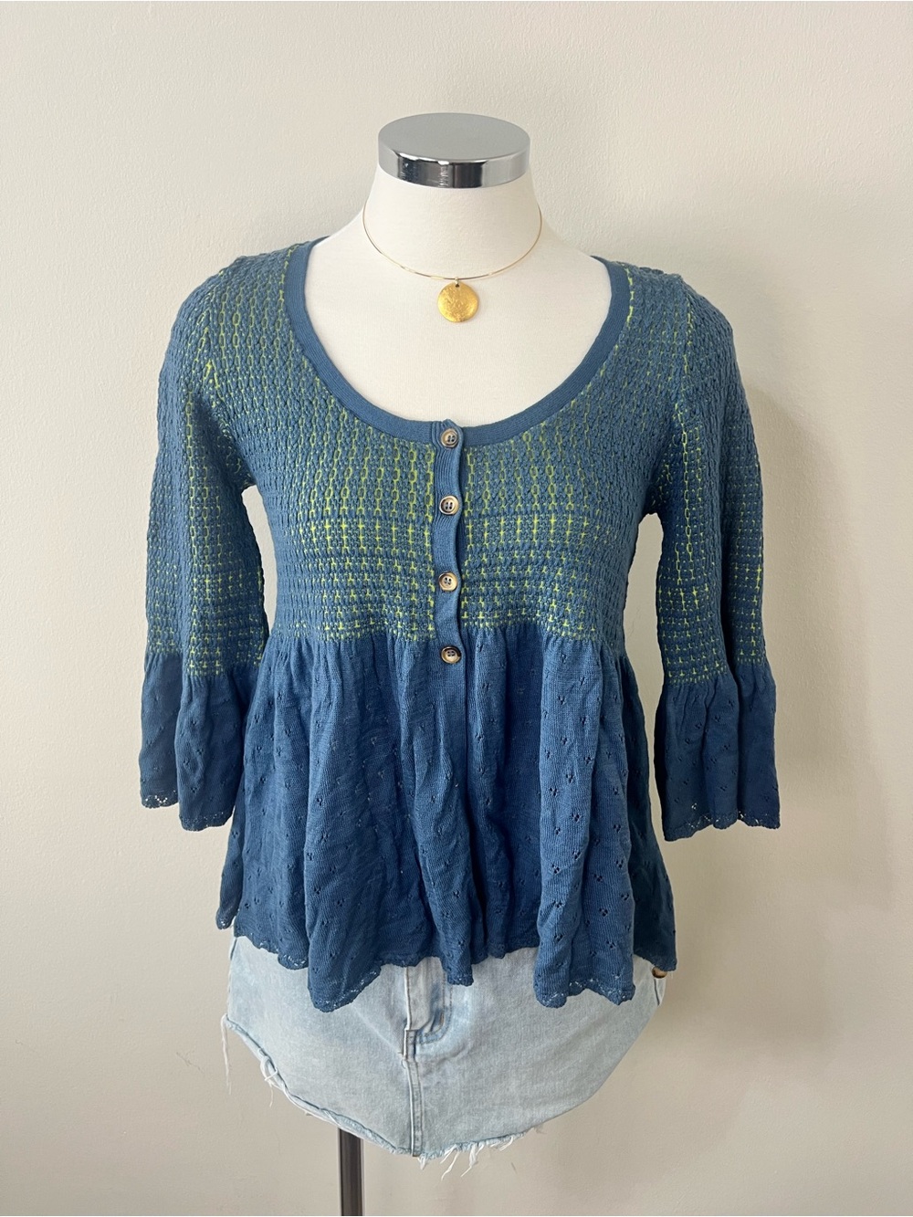 Free People NWT Babydoll Top Blue Green Smocked Boho Size M